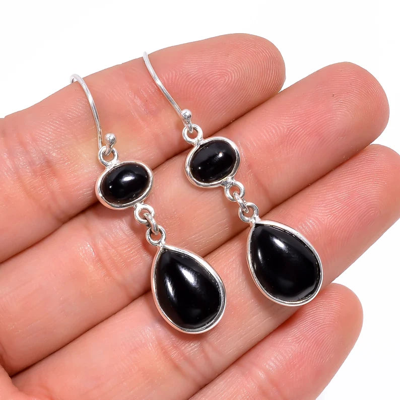 Natural Black Onyx Gemstone Handcrafted Drop Earrings