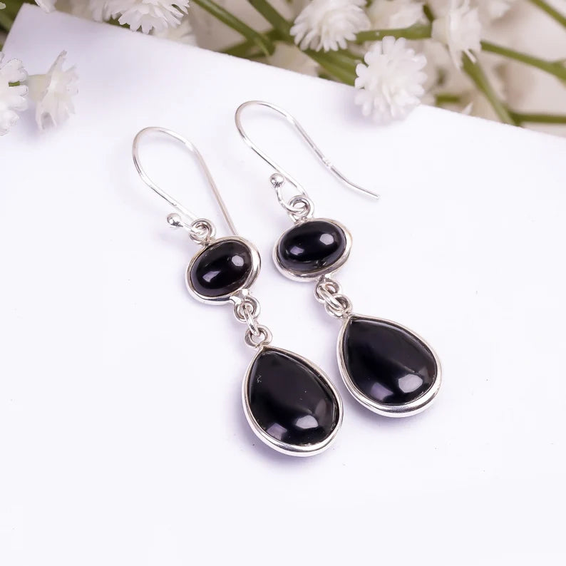 Natural Black Onyx Gemstone Handcrafted Drop Earrings