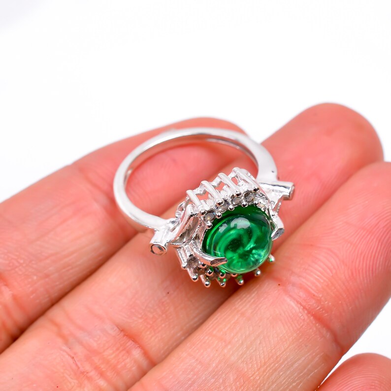 Green Onyx and Cubic Zirconia Handcrafted Gemstone Statement Ring
