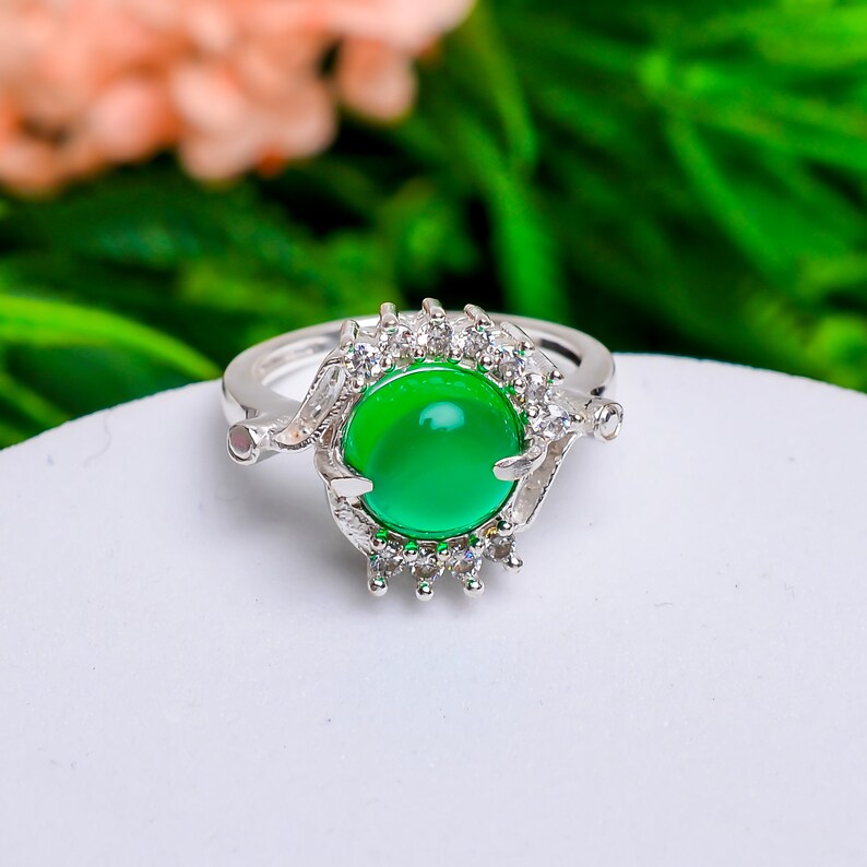 Green Onyx and Cubic Zirconia Handcrafted Gemstone Statement Ring