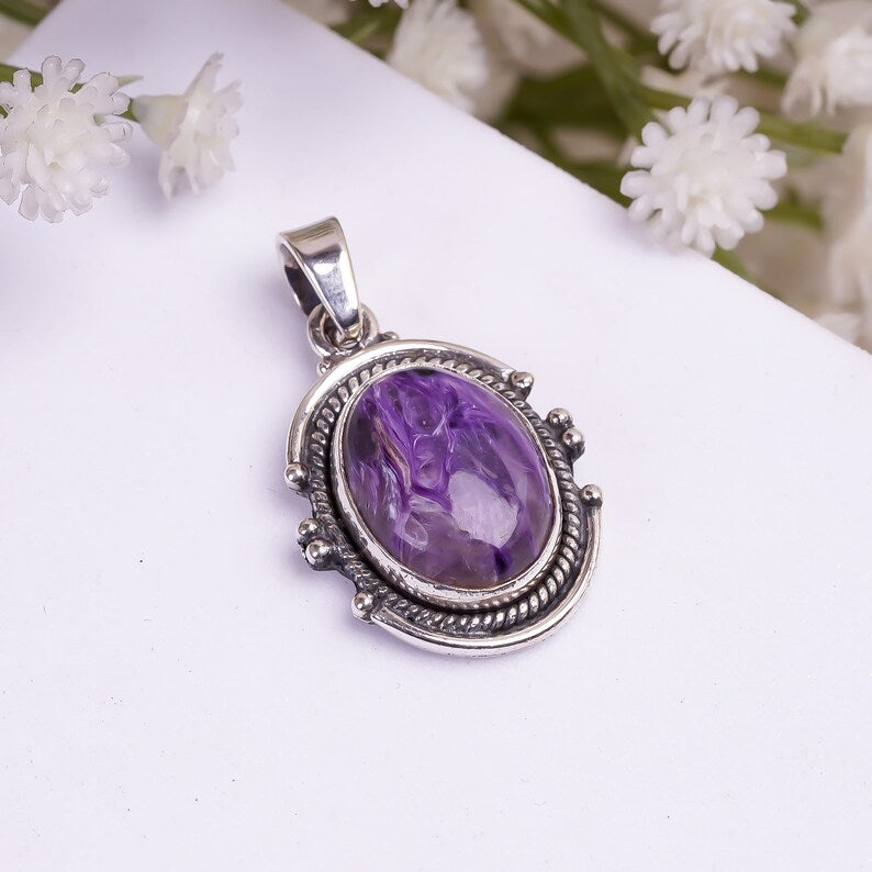 Charoite Gemstone 925 Sterling Silver Handcrafted Pendant