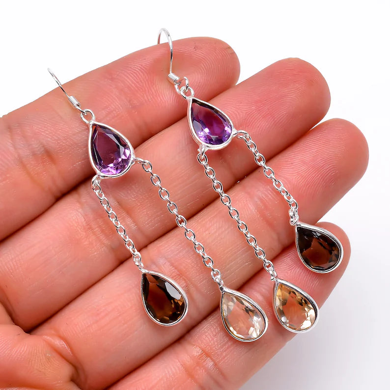 Amethyst, Citrine And Smokey Handcrafted Drop Gemstone Earrings