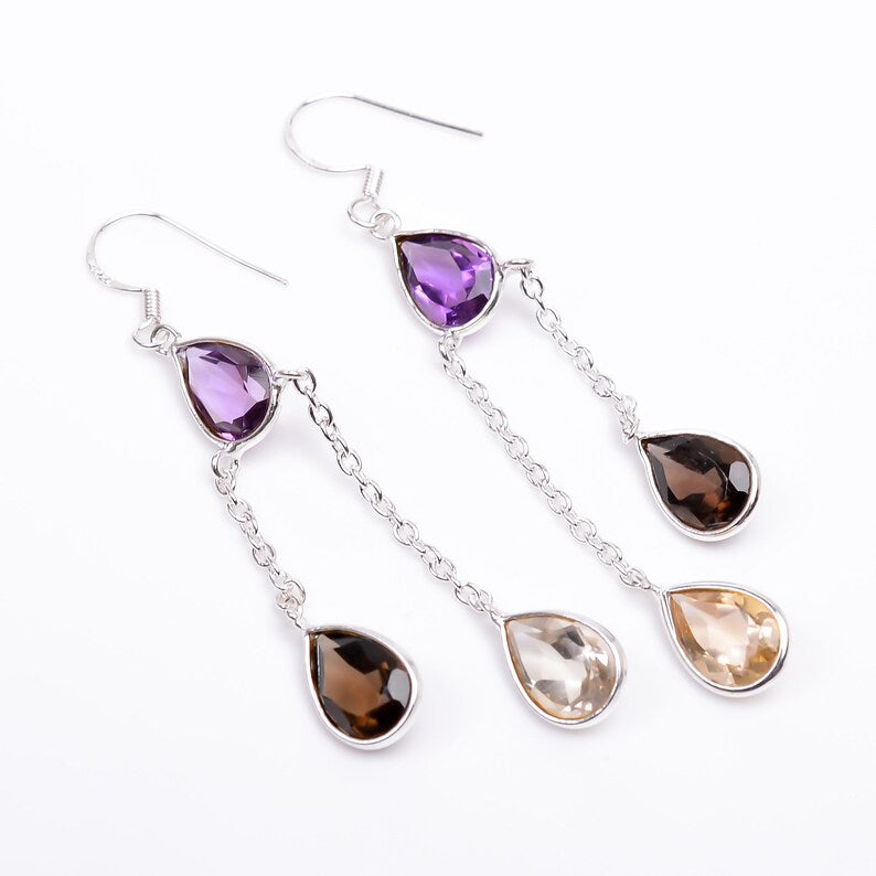 Amethyst, Citrine And Smokey Handcrafted Drop Gemstone Earrings