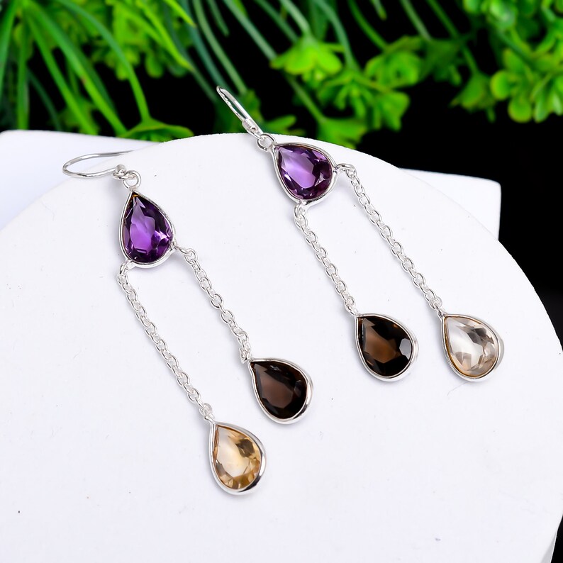 Amethyst, Citrine And Smokey Handcrafted Drop Gemstone Earrings