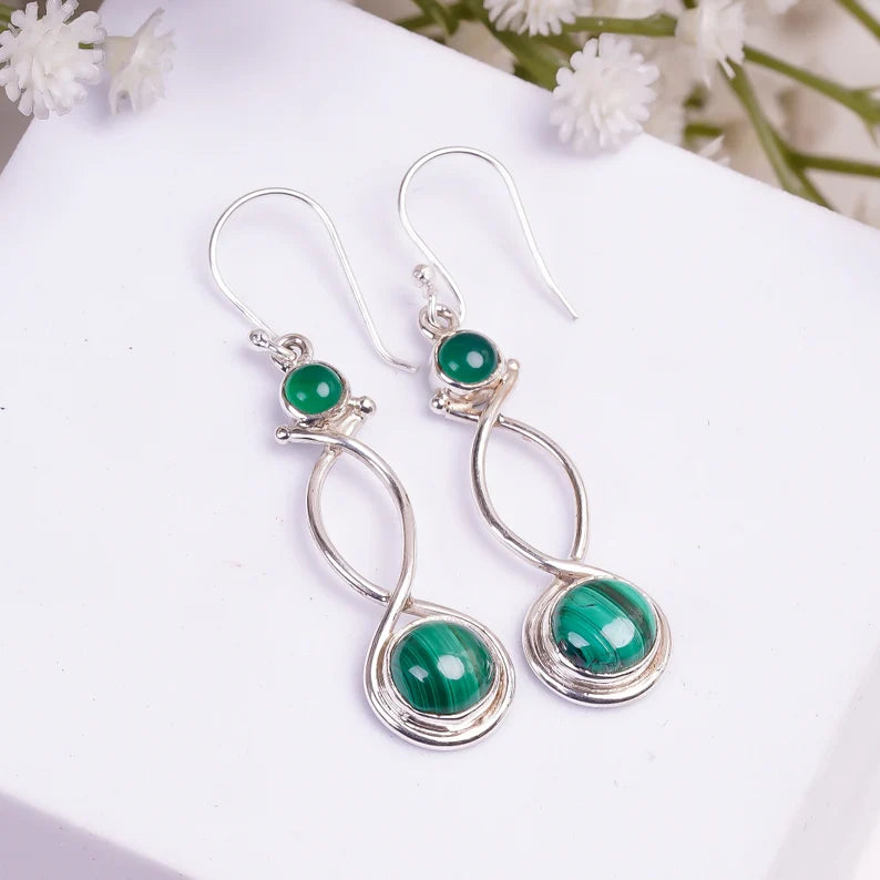 Malachite & Green Onyx Natural Gemstone Drop Earrings