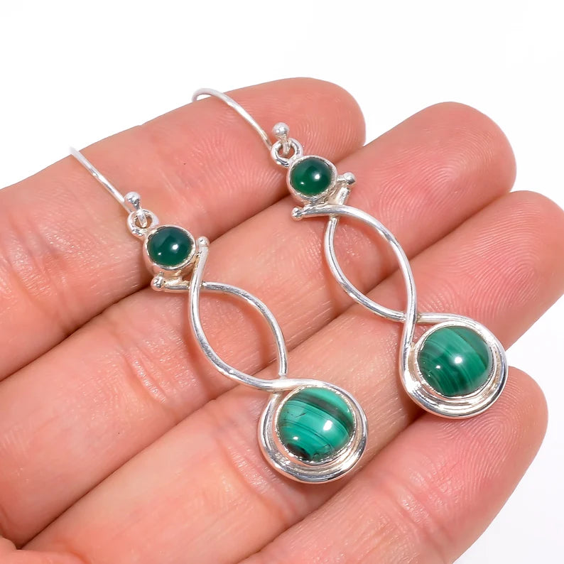 Malachite & Green Onyx Natural Gemstone Drop Earrings