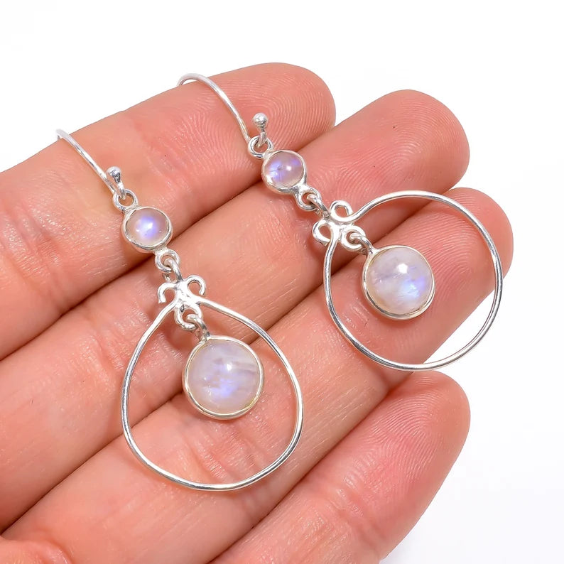 Natural Rainbow Moonstone Handcrafted Drop Earrings