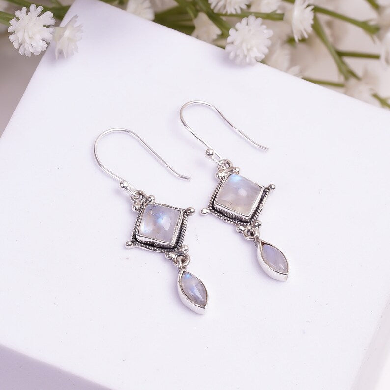 Rainbow Moonstone Handcrafted Drop Gemstone Earrings