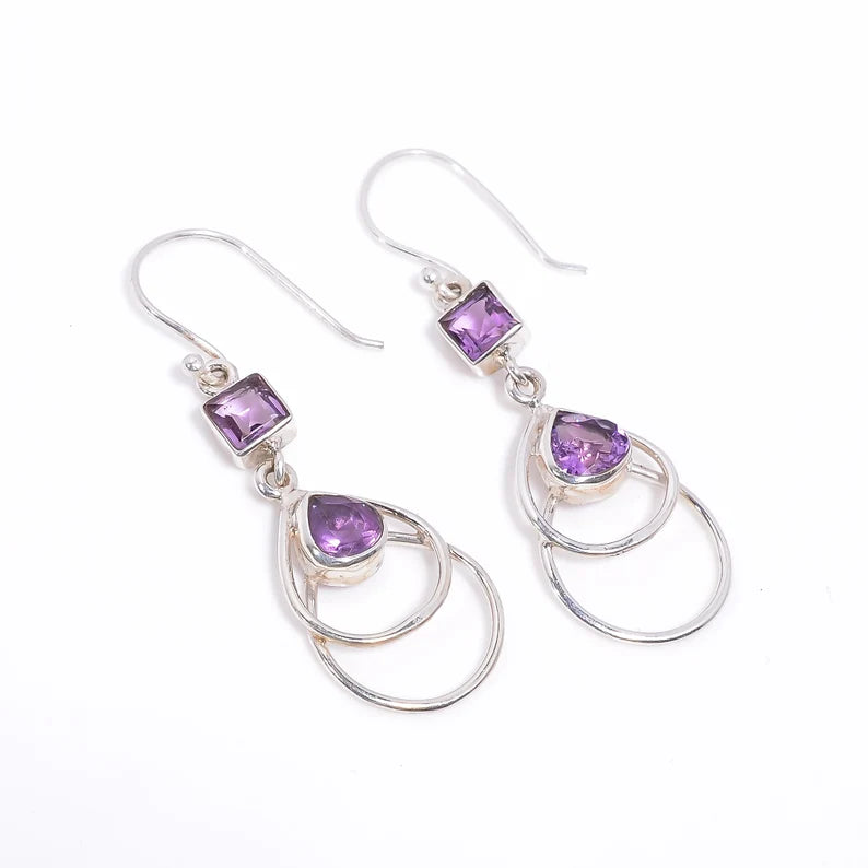 Natural Amethyst Gemstone Handcrafted Drop Earrings