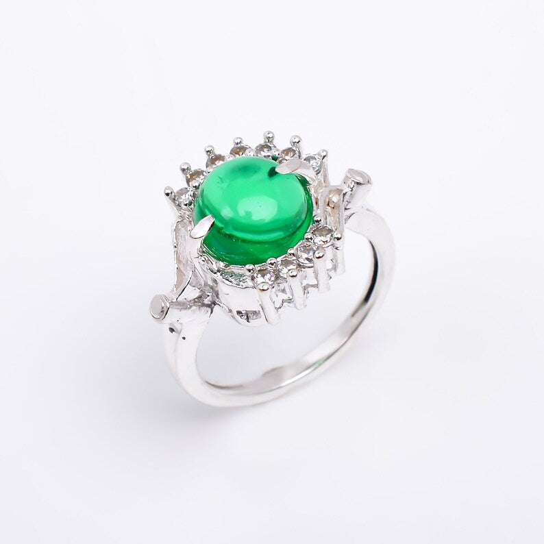 Green Onyx and Cubic Zirconia Handcrafted Gemstone Statement Ring