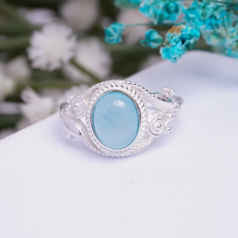 Aqua Chalcedony Handcrafted Statement Natural Gemstone Ring