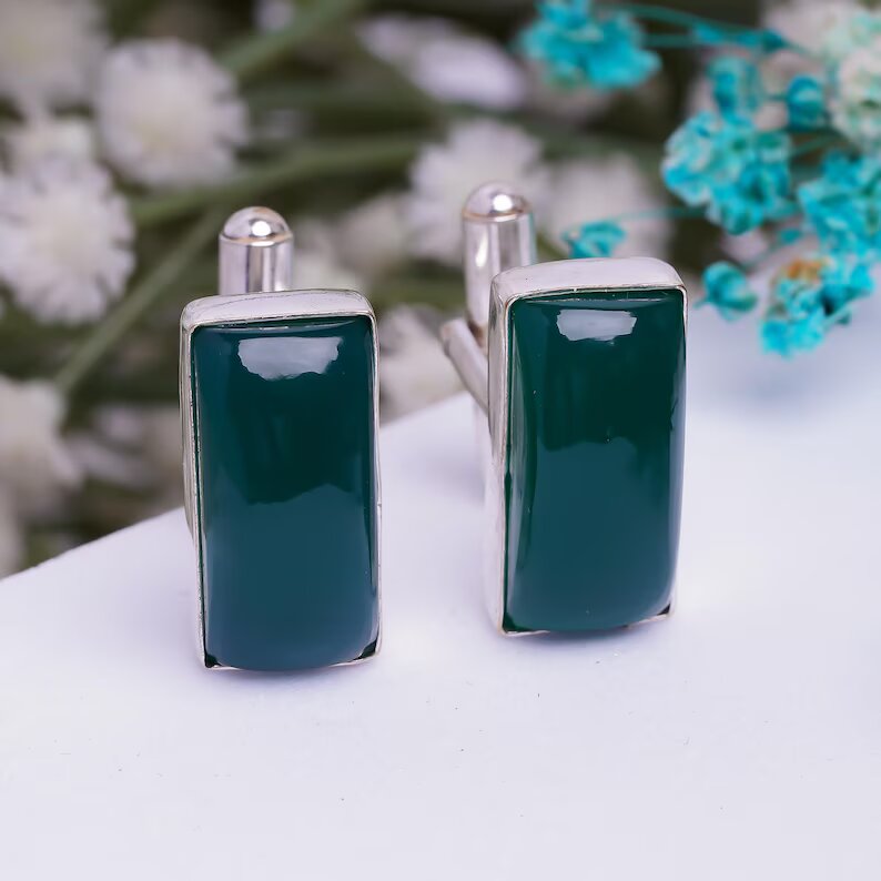 Natural Green Onyx 925 Sterling Silver Cufflinks