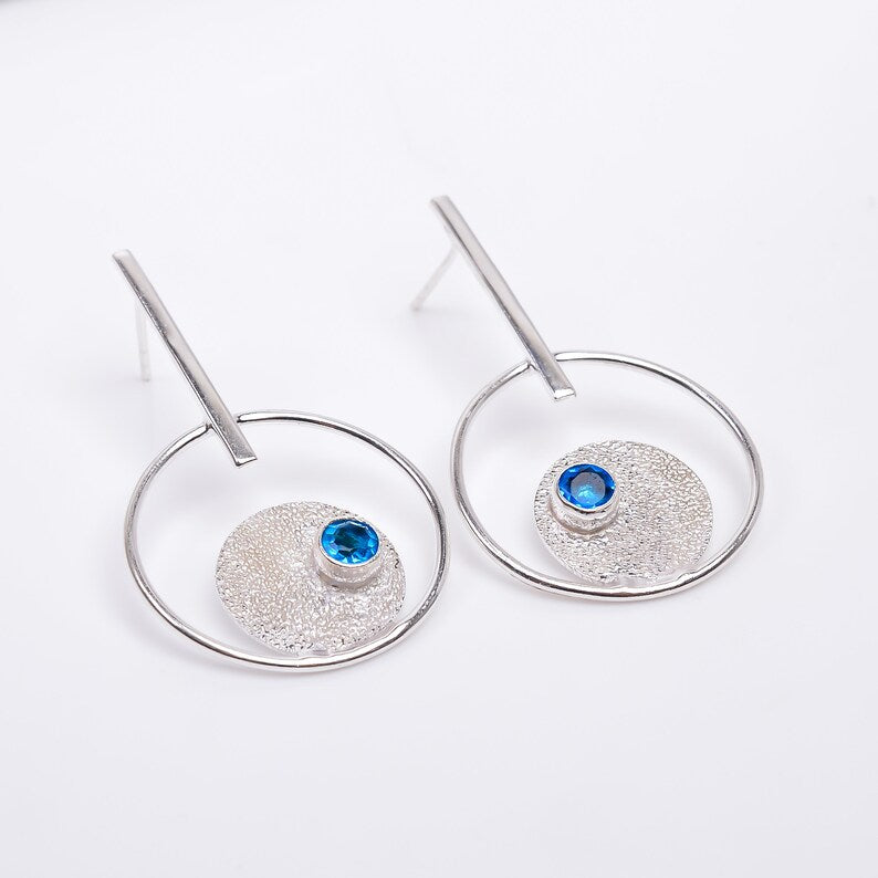 Blue Topaz Gemstone Handcrafted Stud Minimalist Earrings