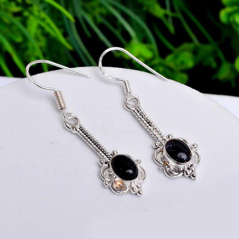 Black Sunstone Handcrafted Gemstone Dangle Earrings