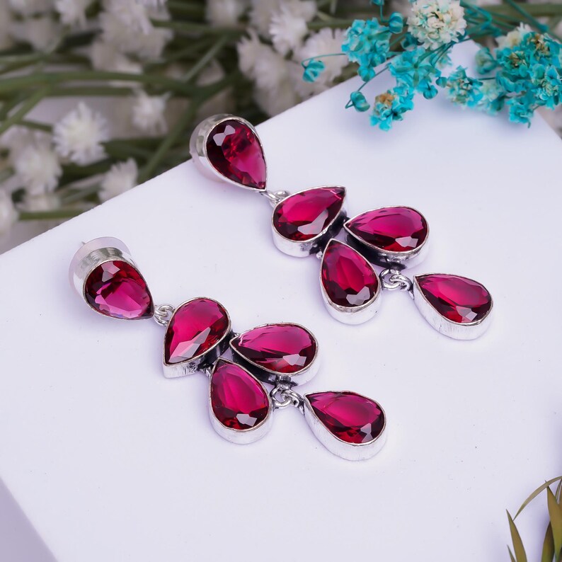 Red Cubic Zirconia Natural Gemstone Handcrafted Stud Earrings
