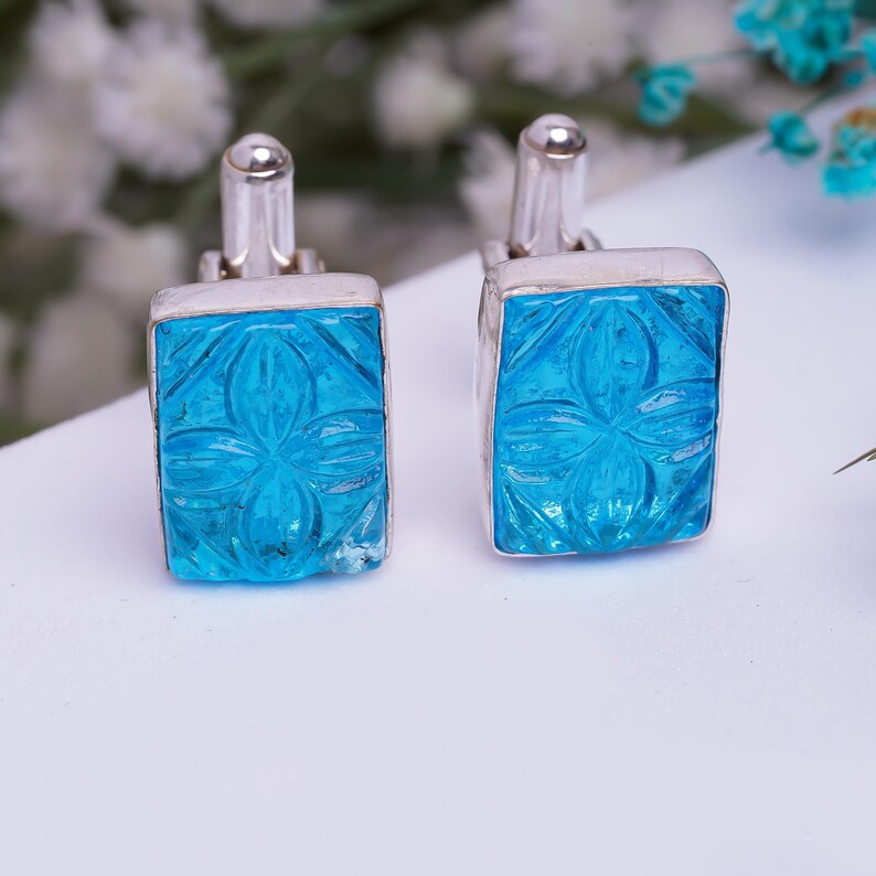 Engraved Glass Stone 925 Sterling Silver Cufflinks