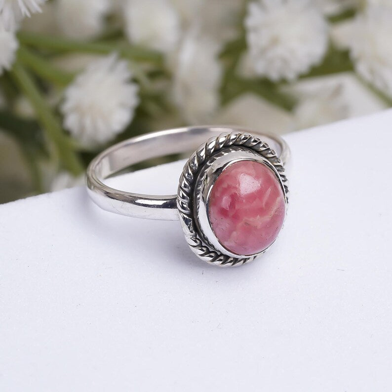 Rhodochrosite Statement Natural Gemstone Handcrafted Ring