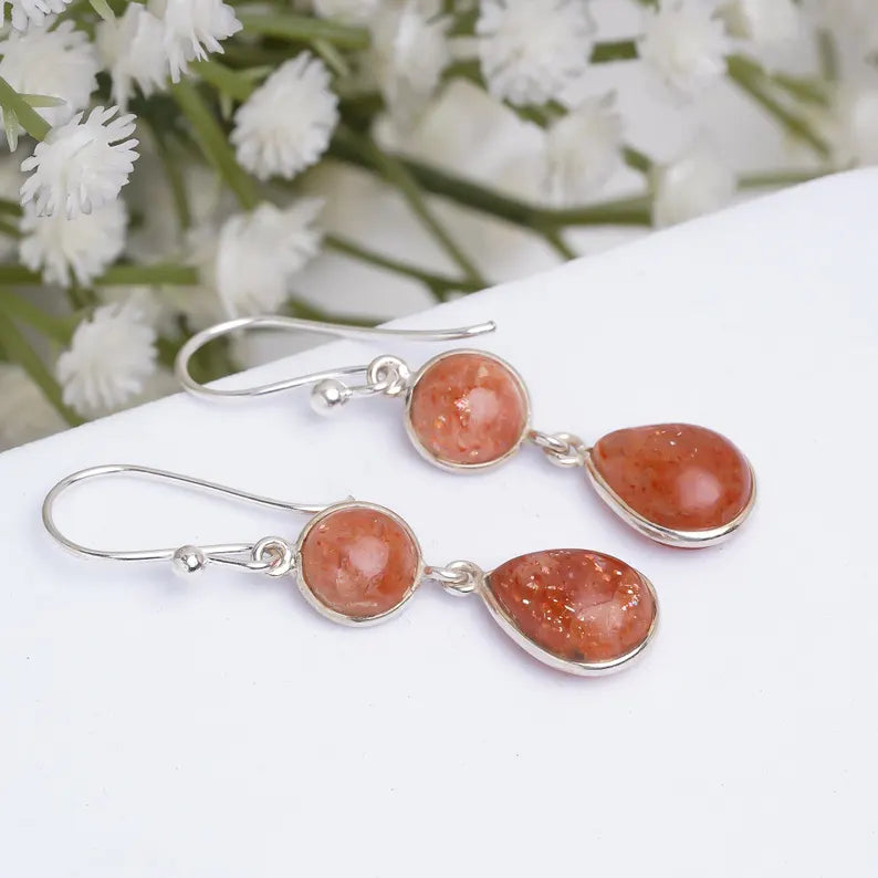 Natural Gemstone Handcrafted Sunstone Drop Earrings
