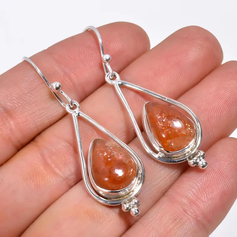 Natural Sunstone Gemstone Handcrafted Drop Earrings