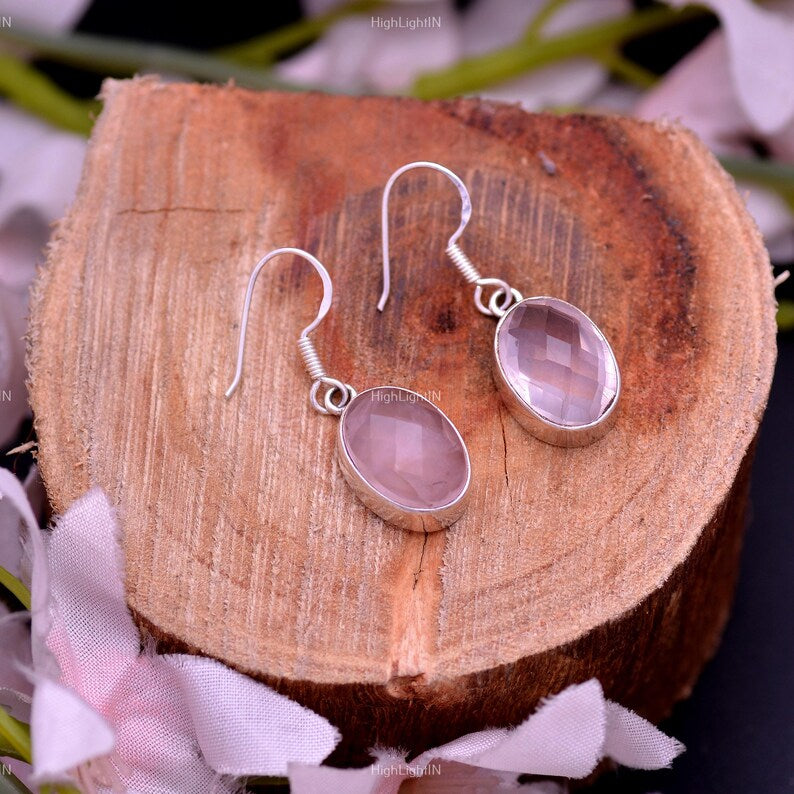 Rose Quartz Natural Gemstone Dangling Handcrafted Drop Earrings