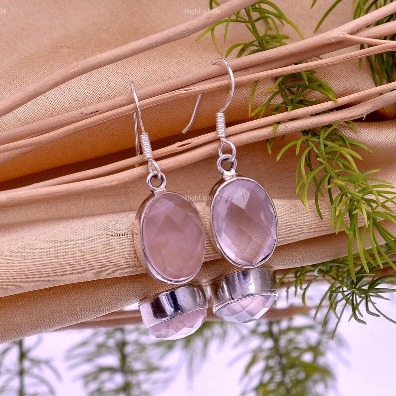 Rose Quartz Natural Gemstone Dangling Handcrafted Drop Earrings