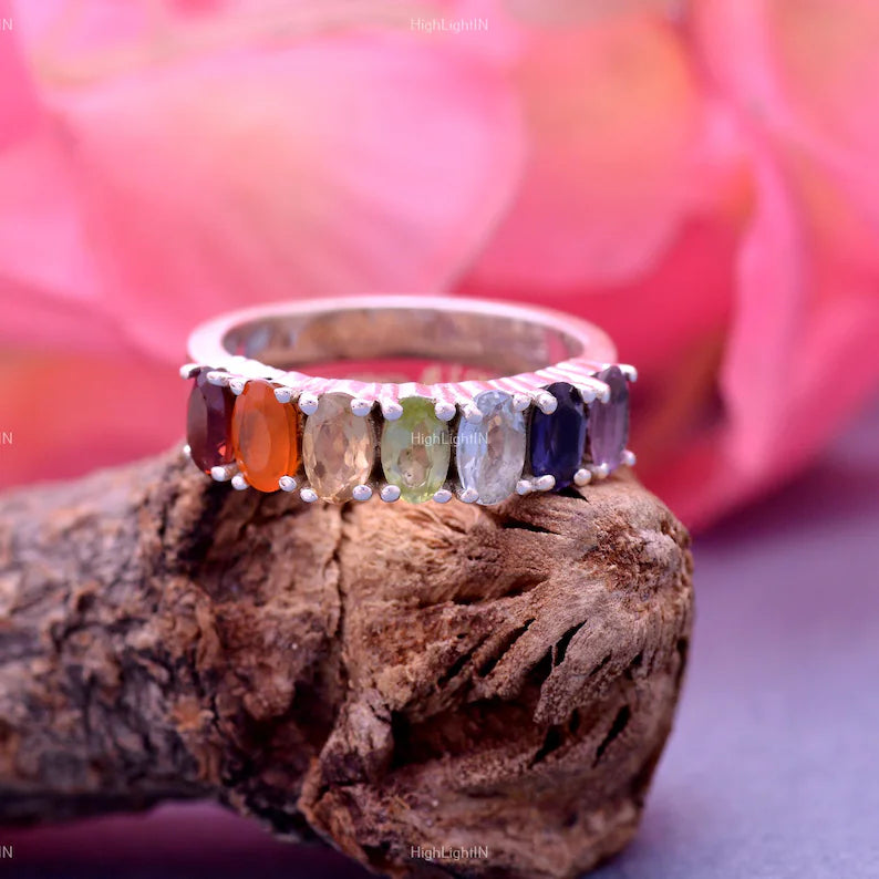 Seven Chakra Gemstone Healing Handcrafted Multi-stone Ring