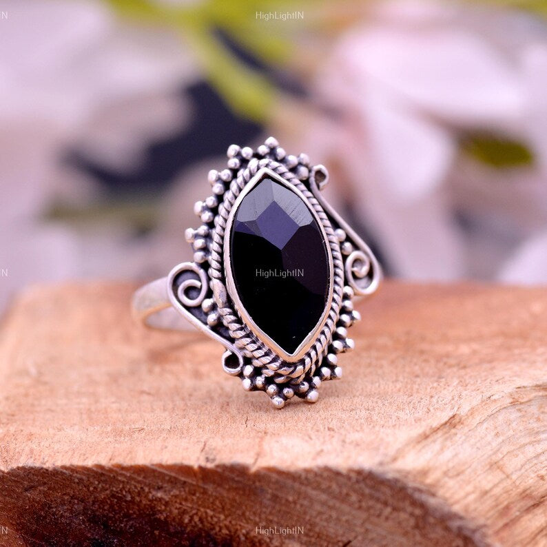 Natural Black Onyx Marquise Handcrafted Statement Ring