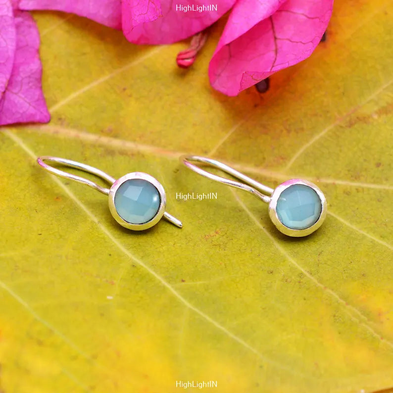 Natural Aqua Chalcedony Gemstone Handcrafted Drop Earrings