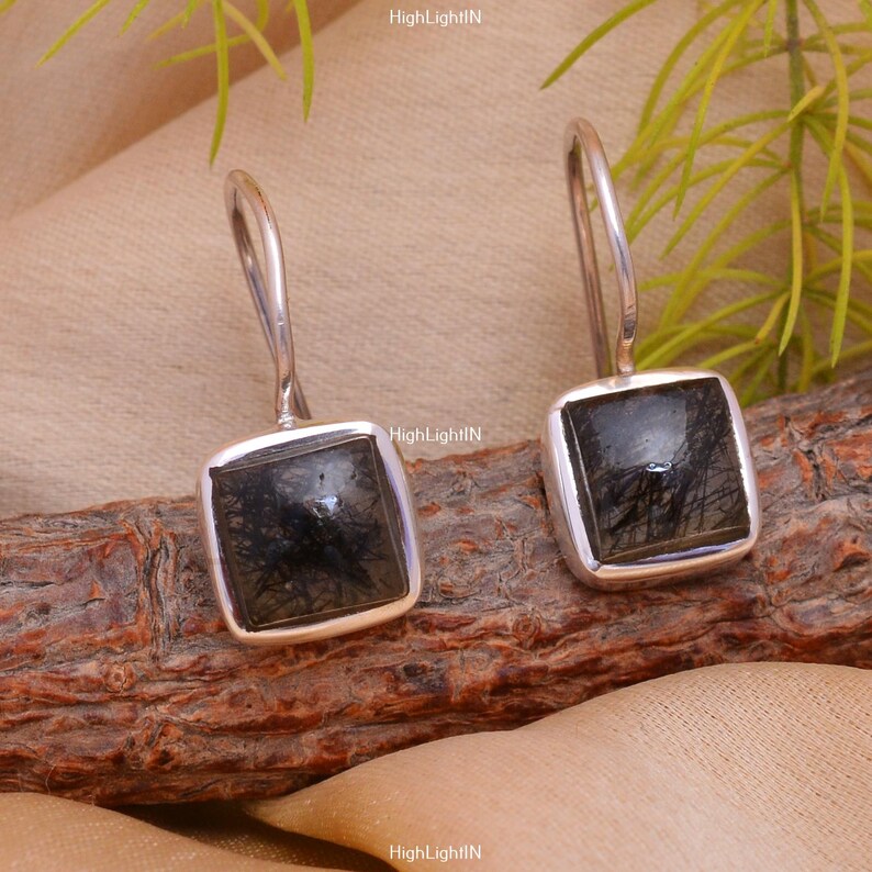 Black Rutile Gemstone Dangling Handcrafted Drop Earrings