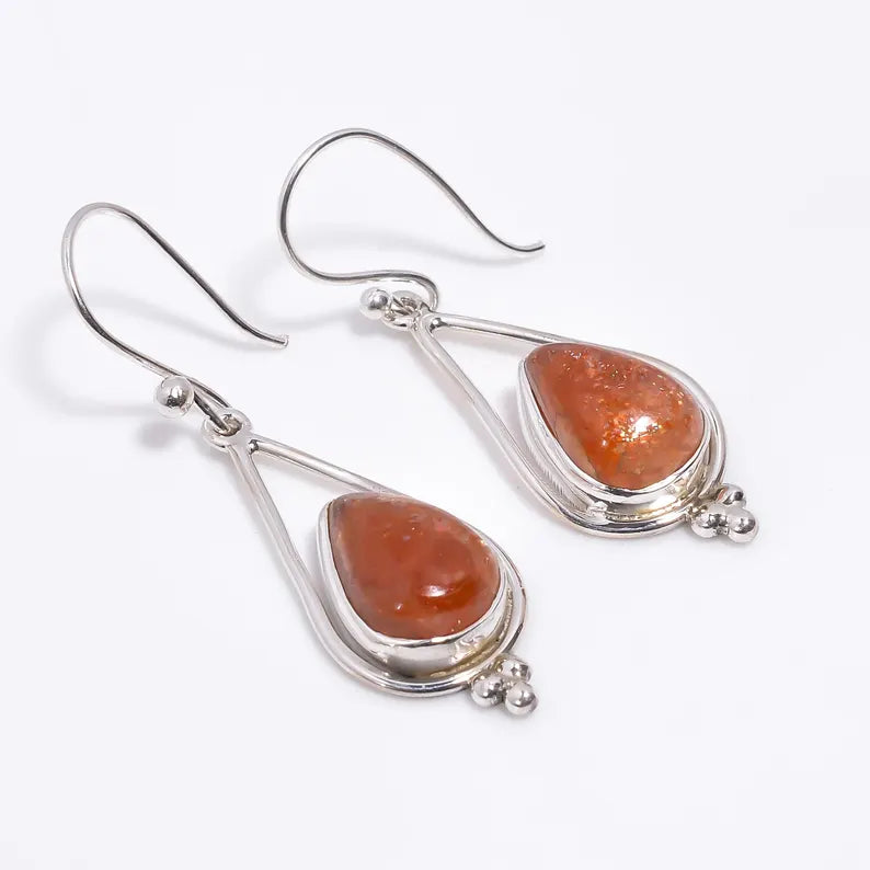 Natural Sunstone Gemstone Handcrafted Drop Earrings
