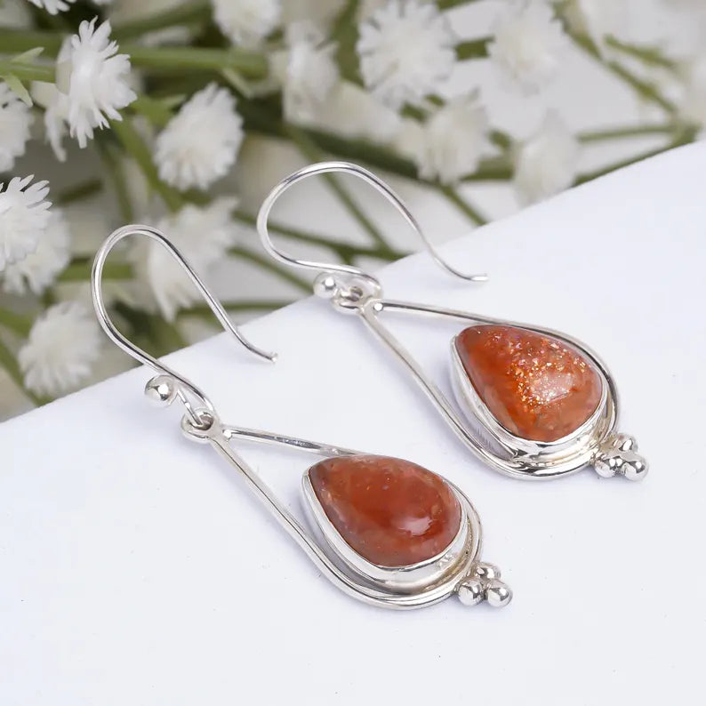Natural Sunstone Gemstone Handcrafted Drop Earrings