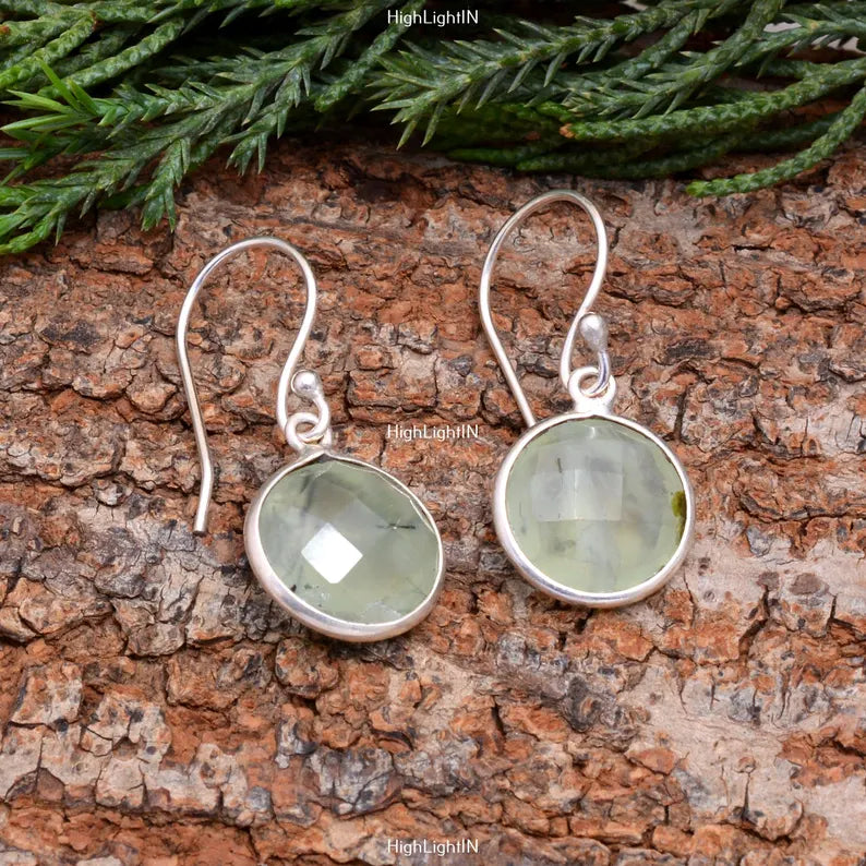 Natural Prehnite Gemstone Handcrafted Drop Earrings