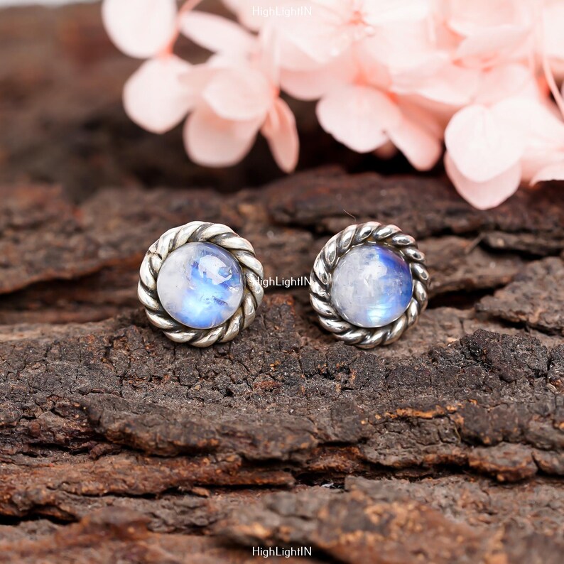Rainbow Moonstone Handcrafted Round Stud Earrings