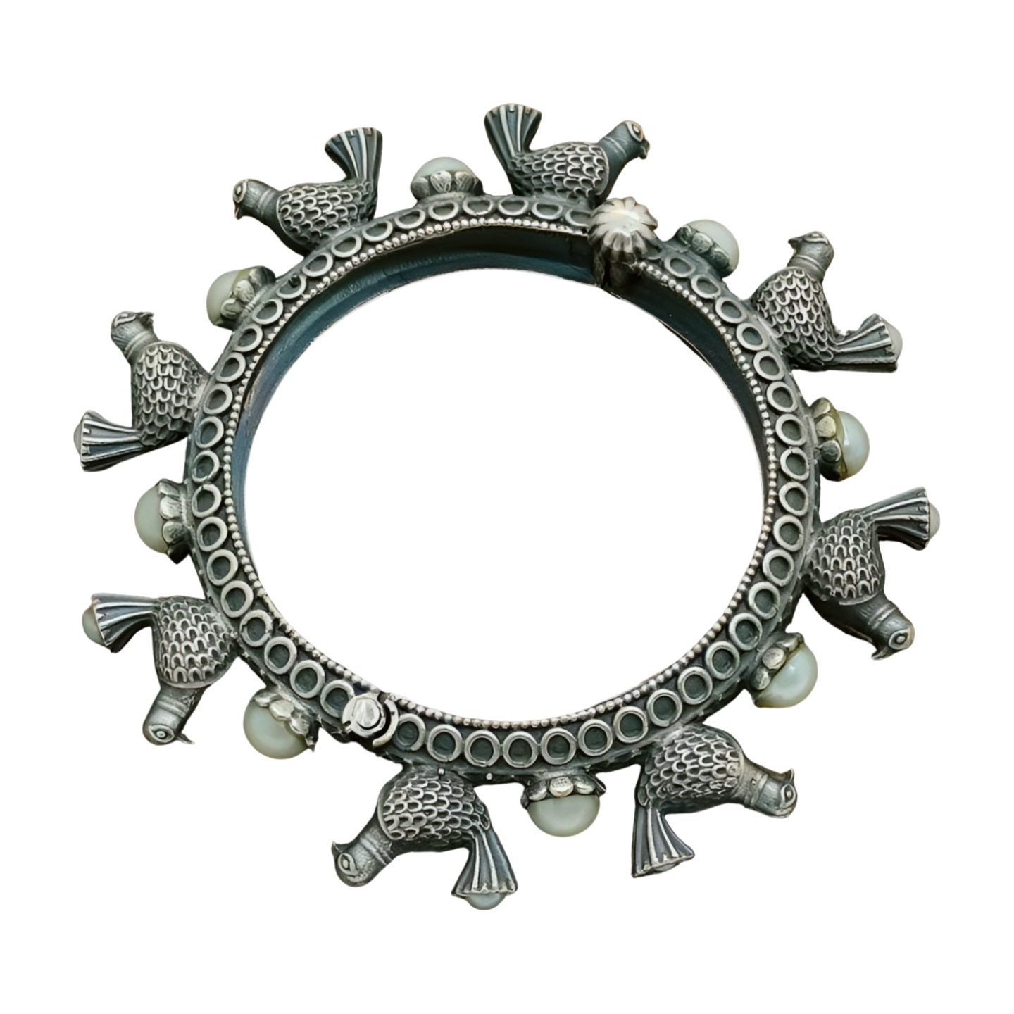 Antique Polished Bird And Pearl Bangle