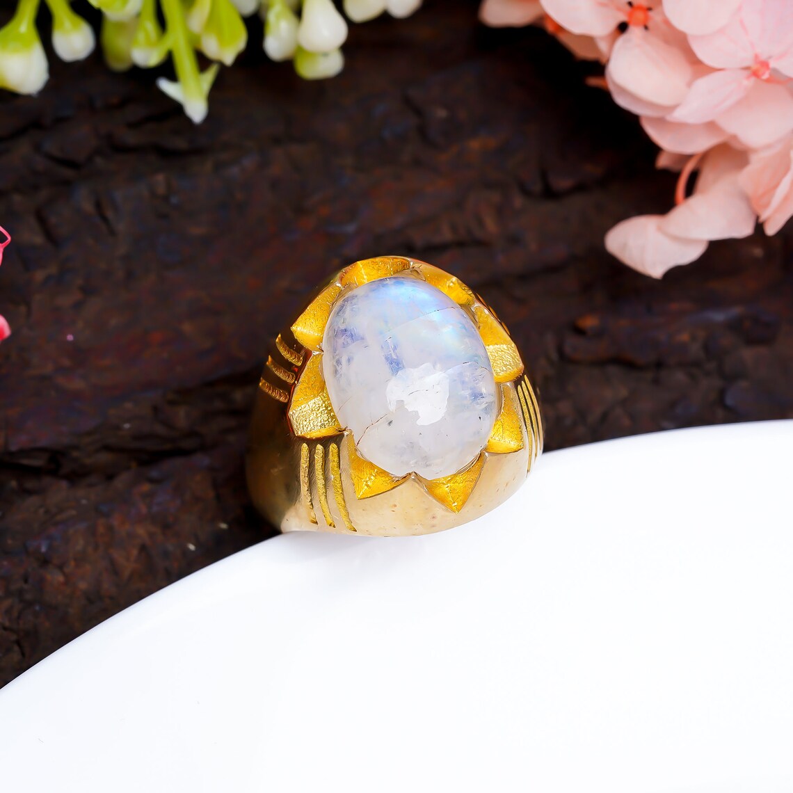 Rainbow Moonstone Handcrafted Gemstone Signet Minimalist Ring