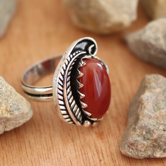 Red Coral Natural Gemstone Signet Handcrafted Ring