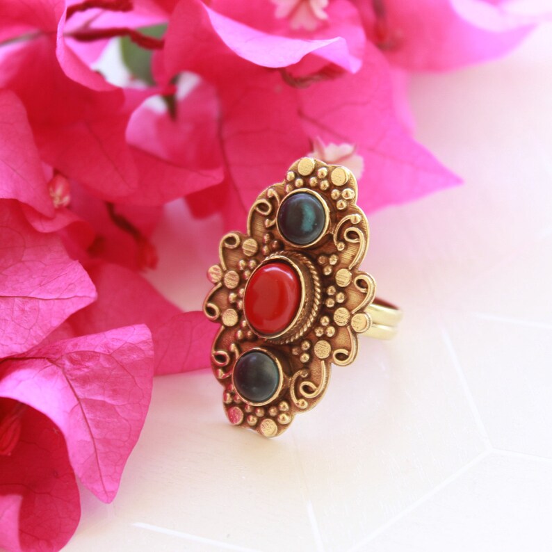 Natural Red Onyx And Malachite Three Gemstone Ring