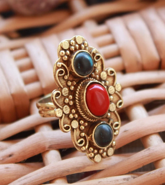 Natural Red Onyx And Malachite Three Gemstone Ring