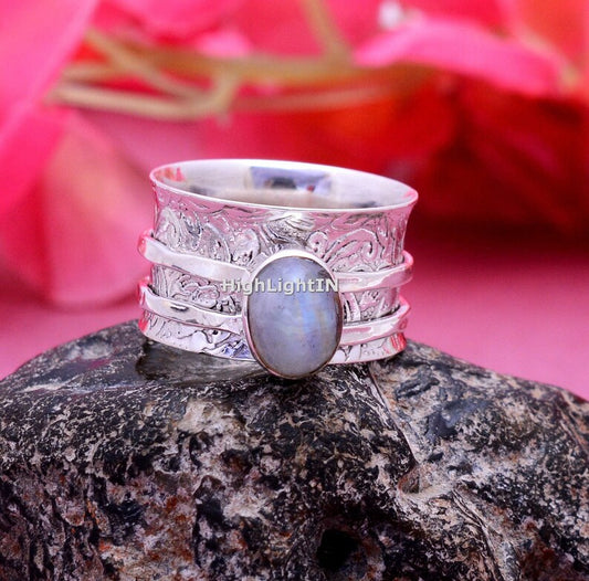 Rainbow Moonstone Handmade Dual Spinner Ring