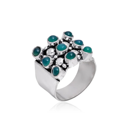 Wide Band Nine Stone Green Onyx Gemstone Statement Ring