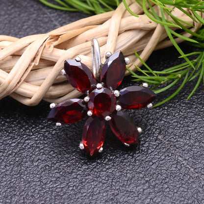Garnet Flower Design Gemstone Pendant And Earrings Combo Jewelry Set
