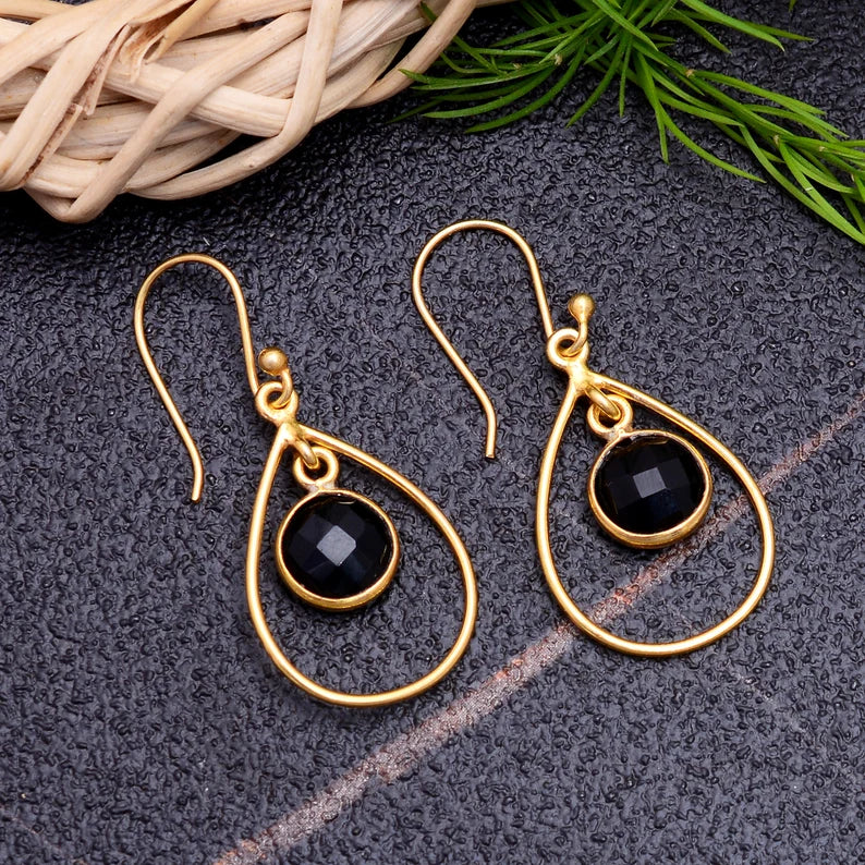Black Onyx Gemstone Handcrafted Drop Minimalist Earrings