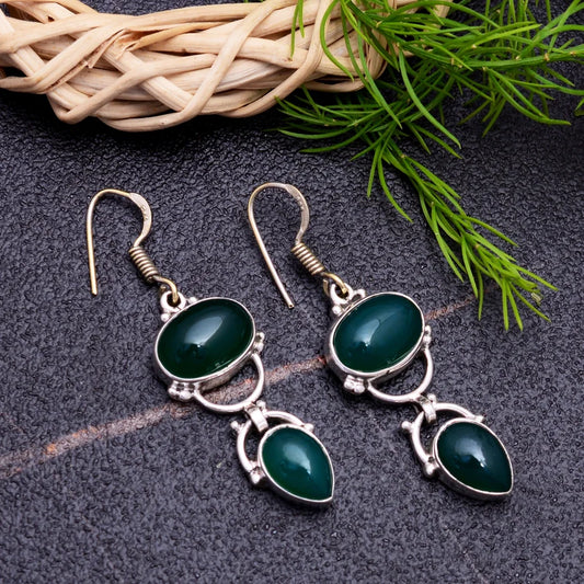 Green Onyx Long Drop and Dangle Handcrafted Earrings