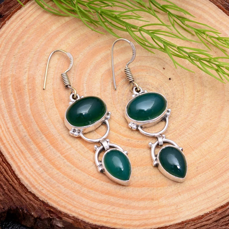 Green Onyx Long Drop and Dangle Handcrafted Earrings