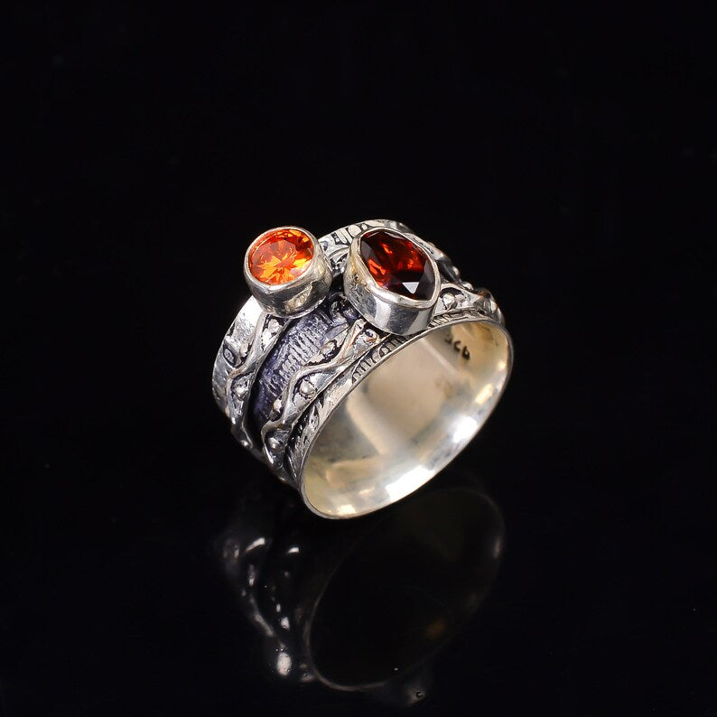 Garnet And Cubic Zirconia Gemstone Spinner Ring
