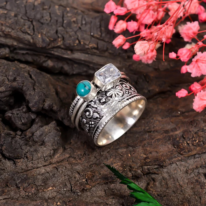 Spinner Turquoise And Cubic Zirconia Spinner Ring