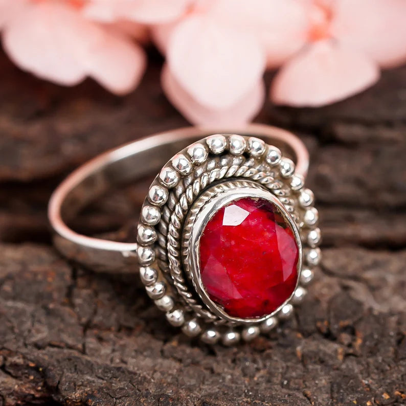 Synthetic Ruby Gemstone Handcrafted Birthstone Ring