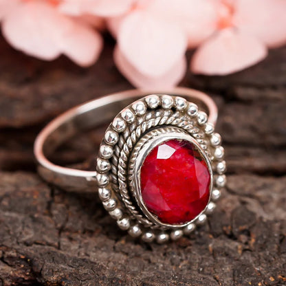 Synthetic Ruby Gemstone Handcrafted Birthstone Ring