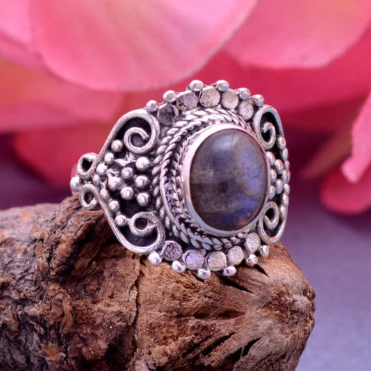Natural Labradorite And Amethyst Handmade Birthstone Ring