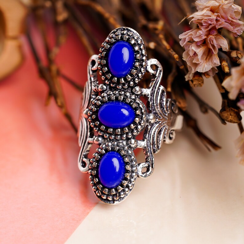 Three Stone Lapis Lazuli, Turquoise & Black Onyx Gemstone Signet Ring